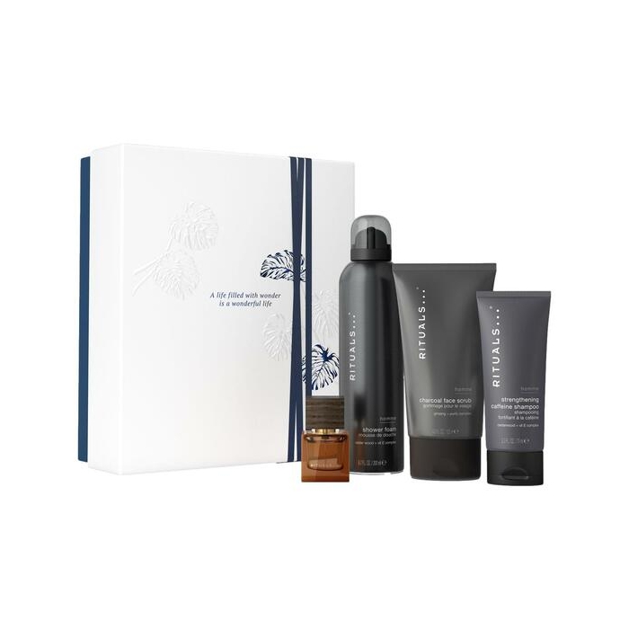 Homme Medium Gift Set 2025=Charcoal Face Scrub 125 ml,Shower Foam 200 ml,  Strengthening Caffeine Shampoo 70ml, Travel - L'Essentiel, 15 ml