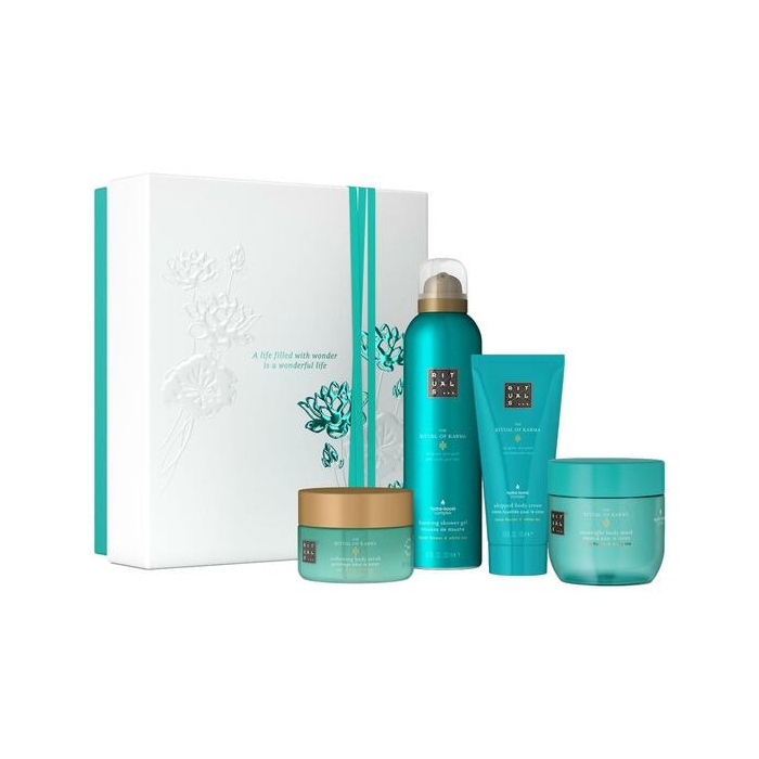 The Ritual of Karma Medium Gift Set 2025=Body Cream 100ml, Softening Body Scrub 125g, Foaming Shower Gel 200 ml,Overnight Body Mask 125 ml